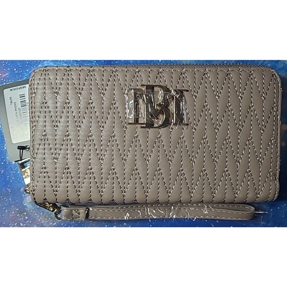Badgley Mischka Vegan Leather Long Wallet With Phone Pocket And Wristlet Taupe - Picture 1 of 7